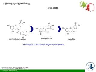 Panagiotis Arapitsas 2021
O
O
H
OH
OH
OH
OH
OH
gallocatechin
O
O
H
OH
O
OH
O
OH
OH
OH
OH
(epi)catechin-gallate
O
O
H
OH
OH
OH
OH
catechin
Η ενωσή με το γαλλικό οξύ αυξάνει την στυφότητα
Cheynier et al. ACS Symposium 1997
Μηχανισμός στης αίσθησης
Στυφότητα Αίσθηση
Συστατικά
 