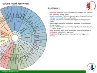Panagiotis Arapitsas 2021
Gawel’s Mouth-feel Wheel
Astringency
• Particulate: Feelings of particulates when you move the wine around in
your mouth, e.g., chalky, grainy.
• Surface Smoothness: The feeling is smooth when the wine is in contact
with your inner mouth skin, e.g., silk, suede.
• Complex: Sensations linked to how pleasing are the astringency and
flavors.
• Drying: Lack of lubrication or moistness resulting in friction between
the oral surfaces.
• Dynamic: The feelings in your mouth changes by contact with the wine,
e.g., chewy, pucker.
• Harsh: Sensations linked to the pleasantness or discomfort elicited by
the red wine mouthfeel, e.g. aggressive.
• Unripe: Describing the perceived maturity of tannins (e.g. green,
resinous)
Αίσθηση
 