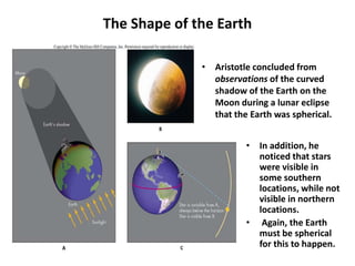 The Shape of the Earth
• In addition, he
noticed that stars
were visible in
some southern
locations, while not
visible in northern
locations.
• Again, the Earth
must be spherical
for this to happen.
• Aristotle concluded from
observations of the curved
shadow of the Earth on the
Moon during a lunar eclipse
that the Earth was spherical.
 