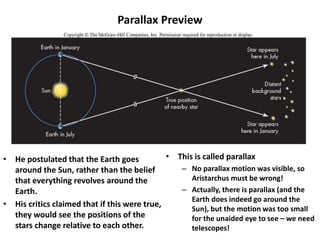Parallax Preview
• He postulated that the Earth goes
around the Sun, rather than the belief
that everything revolves around the
Earth.
• His critics claimed that if this were true,
they would see the positions of the
stars change relative to each other.
• This is called parallax
– No parallax motion was visible, so
Aristarchus must be wrong!
– Actually, there is parallax (and the
Earth does indeed go around the
Sun), but the motion was too small
for the unaided eye to see – we need
telescopes!
 