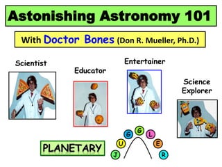 Astonishing Astronomy 101
With Doctor Bones (Don R. Mueller, Ph.D.)
Educator
Entertainer
J
U
G
G
L
E
R
Scientist
Science
Explorer
 