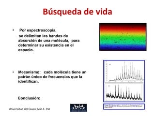 Búsqueda de vidaPor espectroscopia,      se delimitan las bandas de absorción de una molécula,  para  determinar su existencia en el espacio.Mecanismo:   cada molécula tiene un patrón único de frecuencias que la identifican.     Conclusión:Universidad del Cauca, Iván E. Paz