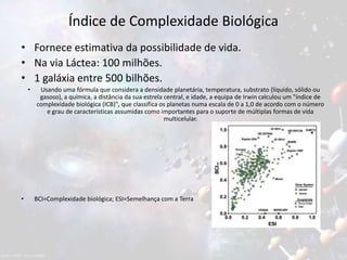 Índice de Complexidade Biológica
• Fornece estimativa da possibilidade de vida.
• Na via Láctea: 100 milhões.
• 1 galáxia entre 500 bilhões.
• Usando uma fórmula que considera a densidade planetária, temperatura, substrato (líquido, sólido ou
gasoso), a química, a distância da sua estrela central, e idade, a equipa de Irwin calculou um "índice de
complexidade biológica (ICB)", que classifica os planetas numa escala de 0 a 1,0 de acordo com o número
e grau de características assumidas como importantes para o suporte de múltiplas formas de vida
multicelular.
• BCI=Complexidade biológica; ESI=Semelhança com a Terra
 