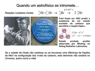 Quando um astrofísico se intromete…
Reações nucleares iniciais:
Se o estado de Hoyle não existisse ou se houvesse uma diferença de frações
de MeV na configuração dos níveis do carbono, este elemento não existiria no
Universo, assim como a vida!
4 4 8 4
2 2 4 2
2
He He Be He
  
6,710-17 s
Fred Hoyle em 1953 prediz a
existência de um estado
excitado do carbono que
permitiria a reação triple-
Estado excitado predito
observado por Whaling no
Kellog Radiation Laboratory
4 12 *
2 6
12 *
6
3
7.65
He C
C C MeV

 
 