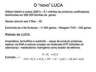 O “novo” LUCA
William Martin e outros (2021) – 6,1 milhões de proteínas codificadoras
distribuidas em 286 000 famílias de genes
Genes comuns aos 3 filos – 30
Excluindo-se o filo Eukarya – 11 000 genes – filtragem THG – 355 genes
Retrato de LUCA:
Anaeróbico, termofílico e autótrofo - capaz de produzir proteínas,
replicar via DNA e estocar energia via moléculas ATP (trifosfato de
adenosina) - metabolismo: hidrogênio como doador de elétrons
Exemplo 
2 2
2 2 2 2 ( 38,4 / )
S H H S
FeS H S FeS H e G kJ mol
 
 
       
 