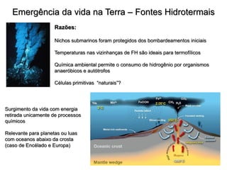Emergência da vida na Terra – Fontes Hidrotermais
Razões:
Nichos submarinos foram protegidos dos bombardeamentos iniciais
Temperaturas nas vizinhanças de FH são ideais para termofílicos
Química ambiental permite o consumo de hidrogênio por organismos
anaeróbicos e autótrofos
Células primitivas “naturais”?
Surgimento da vida com energia
retirada unicamente de processos
químicos
Relevante para planetas ou luas
com oceanos abaixo da crosta
(caso de Encélado e Europa)
 
