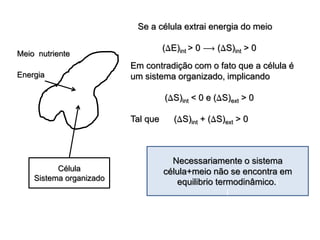 Célula
Sistema organizado
Meio nutriente
Energia
Se a célula extrai energia do meio
(E)int > 0  (S)int > 0
Em contradição com o fato que a célula é
um sistema organizado, implicando
(S)int < 0 e (S)ext > 0
Tal que (S)int + (S)ext > 0
Necessariamente o sistema
célula+meio não se encontra em
equilibrio termodinâmico.í
í
 