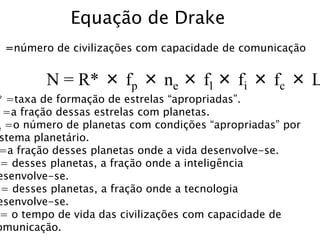 Equação de Drake
=número de civilizações com capacidade de comunicação
* =taxa de formação de estrelas “apropriadas”.
=a fração dessas estrelas com planetas.
e =o número de planetas com condições “apropriadas” por
stema planetário.
=a fração desses planetas onde a vida desenvolve-se.
= desses planetas, a fração onde a inteligência
esenvolve-se.
= desses planetas, a fração onde a tecnologia
esenvolve-se.
= o tempo de vida das civilizações com capacidade de
omunicação.
N = R* × fp × ne × fl × fi × fc × L
 