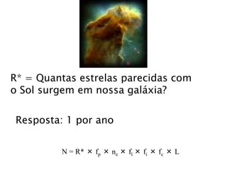 R* = Quantas estrelas parecidas com
o Sol surgem em nossa galáxia?
Resposta: 1 por ano
N = R* × fp × ne × fl × fi × fc × L
 