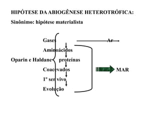 HIPÓTESE DAABIOGÊNESE HETEROTRÓFICA:
Sinônimo: hipótese materialista
Gases Ar
Aminoácidos
Oparin e Haldane proteínas
Coacevados
1º ser vivo
Evolução
MAR
 