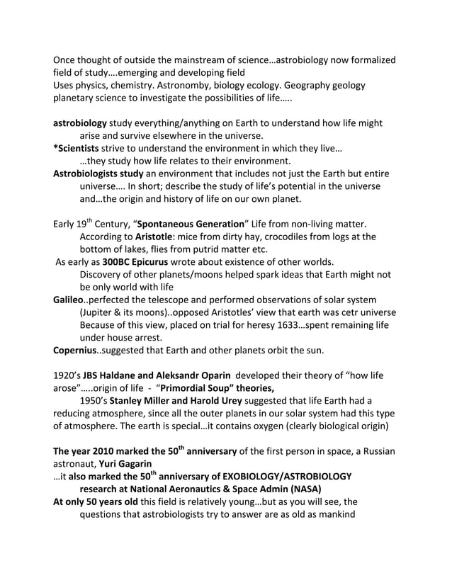 Astrobiology Notes Docx Space And Astronomy Science
