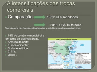 Comparação 1951: US$ 62 bilhões.
2016: US$ 15 trilhões.
Obs.: A queda das barreiras alfandegárias possibilitaram a elevação das trocas.
 75% do comércio mundial gira
em torno de algumas áreas.
 América do norte;
 Europa ocidental;
 Sudeste asiático;
 China;
 Japão .
 