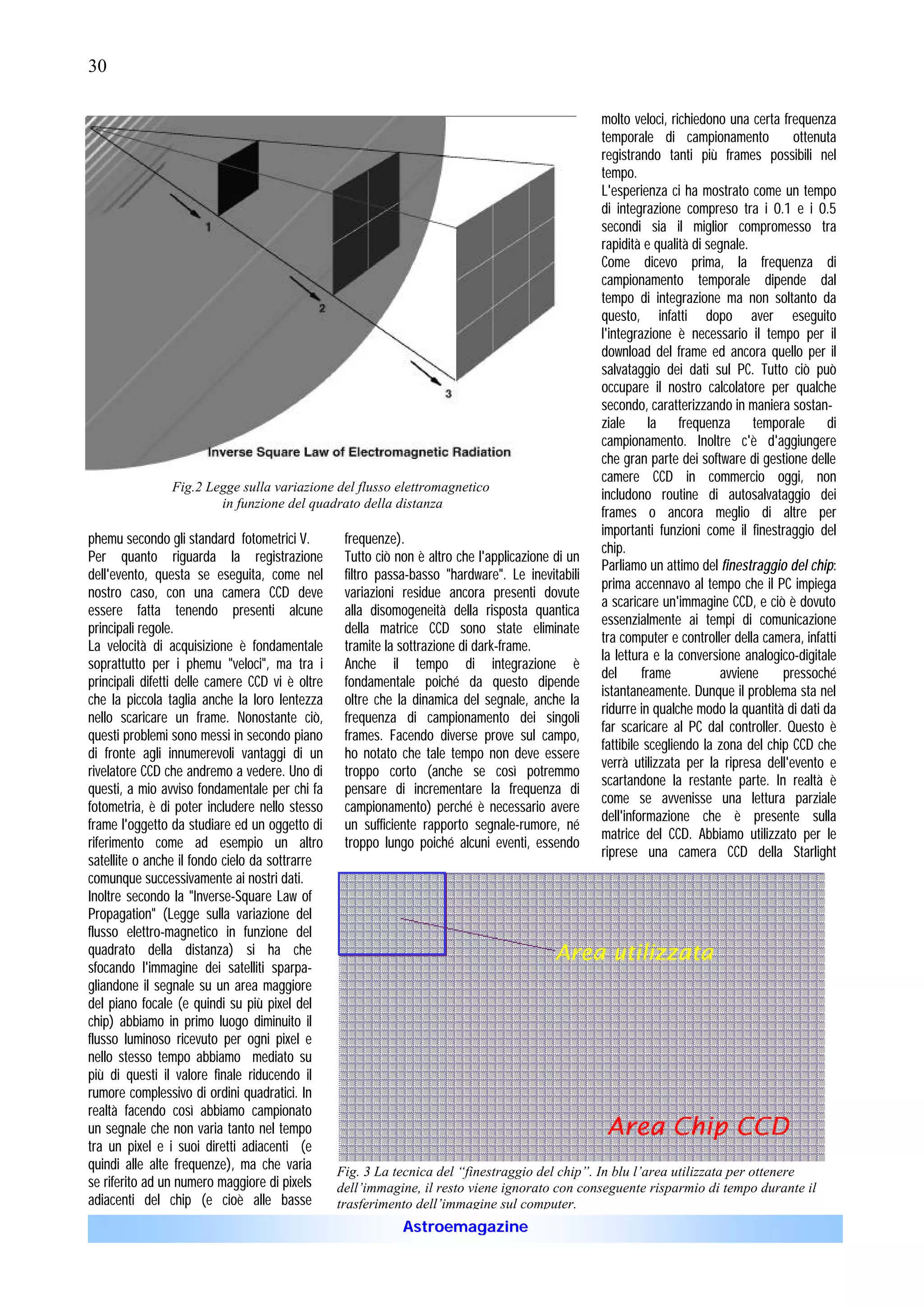 30

                                                                                            molto veloci, richiedono una certa frequenza
                                                                                            temporale di campionamento            ottenuta
                                                                                            registrando tanti più frames possibili nel
                                                                                            tempo.
                                                                                            L'esperienza ci ha mostrato come un tempo
                                                                                            di integrazione compreso tra i 0.1 e i 0.5
                                                                                            secondi sia il miglior compromesso tra
                                                                                            rapidità e qualità di segnale.
                                                                                            Come dicevo prima, la frequenza di
                                                                                            campionamento temporale dipende dal
                                                                                            tempo di integrazione ma non soltanto da
                                                                                            questo, infatti dopo aver eseguito
                                                                                            l'integrazione è necessario il tempo per il
                                                                                            download del frame ed ancora quello per il
                                                                                            salvataggio dei dati sul PC. Tutto ciò può
                                                                                            occupare il nostro calcolatore per qualche
                                                                                            secondo, caratterizzando in maniera sostan-
                                                                                            ziale la frequenza temporale di
                                                                                            campionamento. Inoltre c'è d'aggiungere
                                                                                            che gran parte dei software di gestione delle
                                                                                            camere CCD in commercio oggi, non
               Fig.2 Legge sulla variazione del flusso elettromagnetico
                                                                                            includono routine di autosalvataggio dei
                       in funzione del quadrato della distanza
                                                                                            frames o ancora meglio di altre per
                                                                                            importanti funzioni come il finestraggio del
phemu secondo gli standard fotometrici V.        frequenze).
                                                                                            chip.
Per quanto riguarda la registrazione Tutto ciò non è altro che l'applicazione di un
                                                                                            Parliamo un attimo del finestraggio del chip:
                                                                                                                                      chip
dell'evento, questa se eseguita, come nel filtro passa-basso "hardware". Le inevitabili
                                                                                            prima accennavo al tempo che il PC impiega
nostro caso, con una camera CCD deve variazioni residue ancora presenti dovute
                                                                                            a scaricare un'immagine CCD, e ciò è dovuto
essere fatta tenendo presenti alcune alla disomogeneità della risposta quantica
                                                                                            essenzialmente ai tempi di comunicazione
principali regole.                               della matrice CCD sono state eliminate
                                                                                            tra computer e controller della camera, infatti
La velocità di acquisizione è fondamentale tramite la sottrazione di dark-frame.
                                                                                            la lettura e la conversione analogico-digitale
soprattutto per i phemu "veloci", ma tra i Anche il tempo di integrazione è
                                                                                            del      frame          avviene     pressoché
principali difetti delle camere CCD vi è oltre fondamentale poiché da questo dipende
                                                                                            istantaneamente. Dunque il problema sta nel
che la piccola taglia anche la loro lentezza oltre che la dinamica del segnale, anche la
                                                                                            ridurre in qualche modo la quantità di dati da
nello scaricare un frame. Nonostante ciò, frequenza di campionamento dei singoli
                                                                                            far scaricare al PC dal controller. Questo è
questi problemi sono messi in secondo piano frames. Facendo diverse prove sul campo,
                                                                                            fattibile scegliendo la zona del chip CCD che
di fronte agli innumerevoli vantaggi di un ho notato che tale tempo non deve essere
                                                                                            verrà utilizzata per la ripresa dell'evento e
rivelatore CCD che andremo a vedere. Uno di troppo corto (anche se così potremmo
                                                                                            scartandone la restante parte. In realtà è
questi, a mio avviso fondamentale per chi fa pensare di incrementare la frequenza di
                                                                                            come se avvenisse una lettura parziale
fotometria, è di poter includere nello stesso campionamento) perché è necessario avere
                                                                                            dell'informazione che è presente sulla
frame l'oggetto da studiare ed un oggetto di un sufficiente rapporto segnale-rumore, né
                                                                                            matrice del CCD. Abbiamo utilizzato per le
riferimento come ad esempio un altro troppo lungo poiché alcuni eventi, essendo
                                                                                            riprese una camera CCD della Starlight
satellite o anche il fondo cielo da sottrarre
comunque successivamente ai nostri dati.
Inoltre secondo la "Inverse-Square Law of
Propagation" (Legge sulla variazione del
flusso elettro-magnetico in funzione del
quadrato della distanza) si ha che
sfocando l'immagine dei satelliti sparpa-
gliandone il segnale su un area maggiore
del piano focale (e quindi su più pixel del
chip) abbiamo in primo luogo diminuito il
flusso luminoso ricevuto per ogni pixel e
nello stesso tempo abbiamo mediato su
più di questi il valore finale riducendo il
rumore complessivo di ordini quadratici. In
realtà facendo così abbiamo campionato
un segnale che non varia tanto nel tempo
tra un pixel e i suoi diretti adiacenti (e
quindi alle alte frequenze), ma che varia      Fig. 3 La tecnica del “finestraggio del chip”. In blu l’area utilizzata per ottenere
se riferito ad un numero maggiore di pixels    dell’immagine, il resto viene ignorato con conseguente risparmio di tempo durante il
adiacenti del chip (e cioè alle basse          trasferimento dell’immagine sul computer.
                                                        Astroemagazine
 