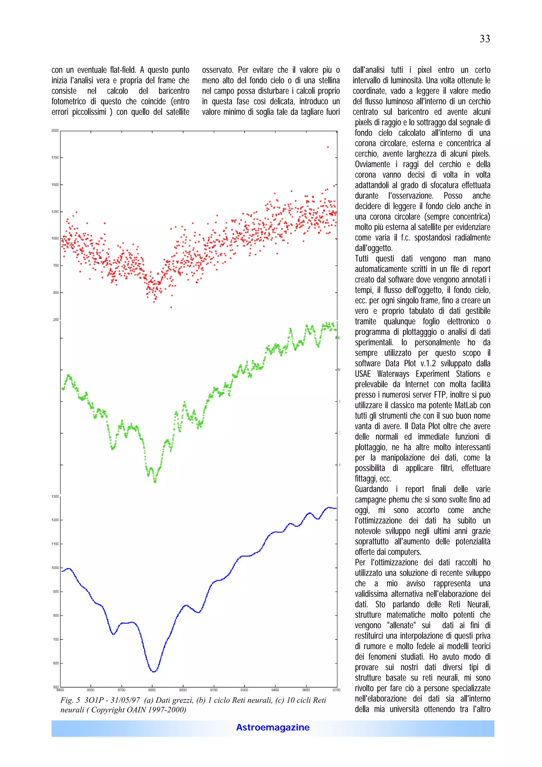 33

con un eventuale flat-field. A questo punto      osservato. Per evitare che il valore più o       dall'analisi tutti i pixel entro un certo
inizia l'analisi vera e propria del frame che    meno alto del fondo cielo o di una stellina      intervallo di luminosità. Una volta ottenute le
consiste nel calcolo del baricentro              nel campo possa disturbare i calcoli proprio     coordinate, vado a leggere il valore medio
fotometrico di questo che coincide (entro        in questa fase così delicata, introduco un       del flusso luminoso all'interno di un cerchio
errori piccolissimi ) con quello del satellite   valore minimo di soglia tale da tagliare fuori   centrato sul baricentro ed avente alcuni
                                                                                                   pixels di raggio e lo sottraggo dal segnale di
                                                                                                   fondo cielo calcolato all'interno di una
                                                                                                   corona circolare, esterna e concentrica al
                                                                                                   cerchio, avente larghezza di alcuni pixels.
                                                                                                   Ovviamente i raggi del cerchio e della
                                                                                                   corona vanno decisi di volta in volta
                                                                                                   adattandoli al grado di sfocatura effettuata
                                                                                                   durante l'osservazione. Posso anche
                                                                                                   decidere di leggere il fondo cielo anche in
                                                                                                   una corona circolare (sempre concentrica)
                                                                                                   molto più esterna al satellite per evidenziare
                                                                                                   come varia il f.c. spostandosi radialmente
                                                                                                   dall'oggetto.
                                                                                                   Tutti questi dati vengono man mano
                                                                                                   automaticamente scritti in un file di report
                                                                                                   creato dal software dove vengono annotati i
                                                                                                   tempi, il flusso dell'oggetto, il fondo cielo,
                                                                                                   ecc. per ogni singolo frame, fino a creare un
                                                                                                   vero e proprio tabulato di dati gestibile
                                                                                                   tramite qualunque foglio elettronico o
                                                                                                   programma di plottagggio o analisi di dati
                                                                                                   sperimentali. Io personalmente ho da
                                                                                                   sempre utilizzato per questo scopo il
                                                                                                   software Data Plot v.1.2 sviluppato dalla
                                                                                                   USAE Waterways Experiment Stations e
                                                                                                   prelevabile da Internet con molta facilità
                                                                                                   presso i numerosi server FTP, inoltre si può
                                                                                                   utilizzare il classico ma potente MatLab con
                                                                                                   tutti gli strumenti che con il suo buon nome
                                                                                                   vanta di avere. Il Data Plot oltre che avere
                                                                                                   delle normali ed immediate funzioni di
                                                                                                   plottaggio, ne ha altre molto interessanti
                                                                                                   per la manipolazione dei dati, come la
                                                                                                   possibilità di applicare filtri, effettuare
                                                                                                   fittaggi, ecc.
                                                                                                   Guardando i report finali delle varie
                                                                                                   campagne phemu che si sono svolte fino ad
                                                                                                   oggi, mi sono accorto come anche
                                                                                                   l'ottimizzazione dei dati ha subito un
                                                                                                   notevole sviluppo negli ultimi anni grazie
                                                                                                   soprattutto all'aumento delle potenzialità
                                                                                                   offerte dai computers.
                                                                                                   Per l'ottimizzazione dei dati raccolti ho
                                                                                                   utilizzato una soluzione di recente sviluppo
                                                                                                   che a mio avviso rappresenta una
                                                                                                   validissima alternativa nell'elaborazione dei
                                                                                                   dati. Sto parlando delle Reti Neurali,
                                                                                                   strutture matematiche molto potenti che
                                                                                                   vengono "allenate" sui dati ai fini di
                                                                                                   restituirci una interpolazione di questi priva
                                                                                                   di rumore e molto fedele ai modelli teorici
                                                                                                   dei fenomeni studiati. Ho avuto modo di
                                                                                                   provare sui nostri dati diversi tipi di
                                                                                                   strutture basate su reti neurali, mi sono
                                                                                                   rivolto per fare ciò a persone specializzate
  Fig. 5 3O1P - 31/05/97 (a) Dati grezzi, (b) 1 ciclo Reti neurali, (c) 10 cicli Reti              nell'elaborazione dei dati sia all'interno
  neurali ( Copyright OAIN 1997-2000)                                                              della mia università ottenendo tra l'altro

                                                            Astroemagazine
 