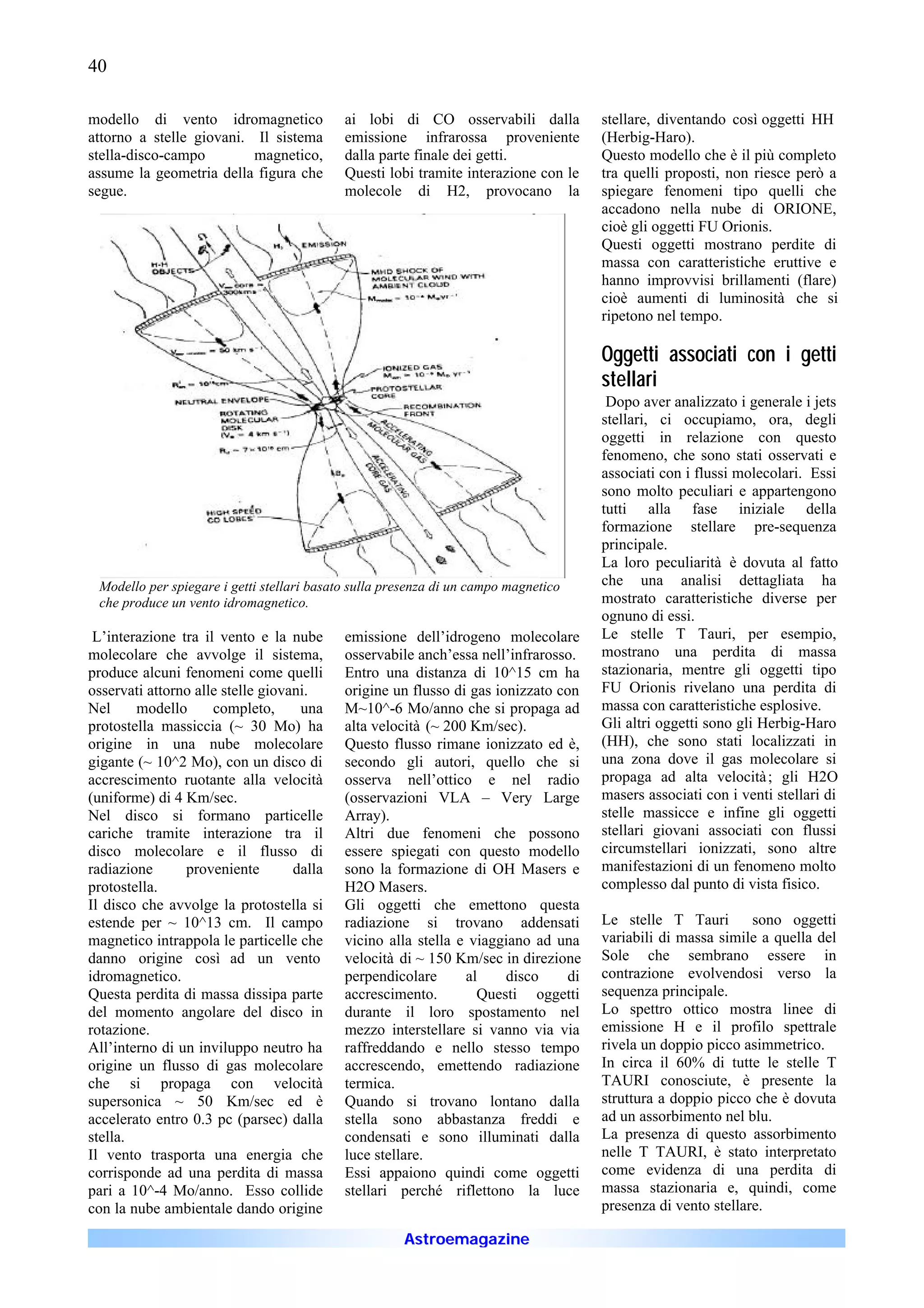 40

modello di vento idromagnetico              ai lobi di CO osservabili dalla          stellare, diventando così oggetti HH
attorno a stelle giovani. Il sistema        emissione infrarossa proveniente         (Herbig-Haro).
stella-disco-campo        magnetico,        dalla parte finale dei getti.            Questo modello che è il più completo
assume la geometria della figura che        Questi lobi tramite interazione con le   tra quelli proposti, non riesce però a
segue.                                      molecole di H2, provocano la             spiegare fenomeni tipo quelli che
                                                                                     accadono nella nube di ORIONE,
                                                                                     cioè gli oggetti FU Orionis.
                                                                                     Questi oggetti mostrano perdite di
                                                                                     massa con caratteristiche eruttive e
                                                                                     hanno improvvisi brillamenti (flare)
                                                                                     cioè aumenti di luminosità che si
                                                                                     ripetono nel tempo.

                                                                                     Oggetti associati con i getti
                                                                                     stellari
                                                                                      Dopo aver analizzato i generale i jets
                                                                                     stellari, ci occupiamo, ora, degli
                                                                                     oggetti in relazione con questo
                                                                                     fenomeno, che sono stati osservati e
                                                                                     associati con i flussi molecolari. Essi
                                                                                     sono molto peculiari e appartengono
                                                                                     tutti alla fase iniziale della
                                                                                     formazione stellare pre-sequenza
                                                                                     principale.
                                                                                     La loro peculiarità è dovuta al fatto
 Modello per spiegare i getti stellari basato sulla presenza di un campo magnetico   che una analisi dettagliata ha
 che produce un vento idromagnetico.                                                 mostrato caratteristiche diverse per
                                                                                     ognuno di essi.
 L’interazione tra il vento e la nube       emissione dell’idrogeno molecolare       Le stelle T Tauri, per esempio,
molecolare che avvolge il sistema,          osservabile anch’essa nell’infrarosso.   mostrano una perdita di massa
produce alcuni fenomeni come quelli         Entro una distanza di 10^15 cm ha        stazionaria, mentre gli oggetti tipo
osservati attorno alle stelle giovani.      origine un flusso di gas ionizzato con   FU Orionis rivelano una perdita di
Nel     modello      completo,      una     M~10^-6 Mo/anno che si propaga ad        massa con caratteristiche esplosive.
protostella massiccia (~ 30 Mo) ha          alta velocità (~ 200 Km/sec).            Gli altri oggetti sono gli Herbig-Haro
origine in una nube molecolare              Questo flusso rimane ionizzato ed è,     (HH), che sono stati localizzati in
gigante (~ 10^2 Mo), con un disco di        secondo gli autori, quello che si        una zona dove il gas molecolare si
accrescimento ruotante alla velocità        osserva nell’ottico e nel radio          propaga ad alta velocità ; gli H2O
(uniforme) di 4 Km/sec.                     (osservazioni VLA – Very Large           masers associati con i venti stellari di
Nel disco si formano particelle             Array).                                  stelle massicce e infine gli oggetti
cariche tramite interazione tra il          Altri due fenomeni che possono           stellari giovani associati con flussi
disco molecolare e il flusso di             essere spiegati con questo modello       circumstellari ionizzati, sono altre
radiazione      proveniente        dalla    sono la formazione di OH Masers e        manifestazioni di un fenomeno molto
protostella.                                H2O Masers.                              complesso dal punto di vista fisico.
Il disco che avvolge la protostella si      Gli oggetti che emettono questa
estende per ~ 10^13 cm. Il campo            radiazione si trovano addensati          Le stelle T Tauri        sono oggetti
magnetico intrappola le particelle che      vicino alla stella e viaggiano ad una    variabili di massa simile a quella del
danno origine così ad un vento              velocità di ~ 150 Km/sec in direzione    Sole che sembrano essere in
idromagnetico.                              perpendicolare      al     disco    di   contrazione evolvendosi verso la
Questa perdita di massa dissipa parte       accrescimento.        Questi oggetti     sequenza principale.
del momento angolare del disco in           durante il loro spostamento nel          Lo spettro ottico mostra linee di
rotazione.                                  mezzo interstellare si vanno via via     emissione H e il profilo spettrale
All’interno di un inviluppo neutro ha       raffreddando e nello stesso tempo        rivela un doppio picco asimmetrico.
origine un flusso di gas molecolare         accrescendo, emettendo radiazione        In circa il 60% di tutte le stelle T
che si propaga con velocità                 termica.                                 TAURI conosciute, è presente la
supersonica ~ 50 Km/sec ed è                Quando si trovano lontano dalla          struttura a doppio picco che è dovuta
accelerato entro 0.3 pc (parsec) dalla      stella sono abbastanza freddi e          ad un assorbimento nel blu.
stella.                                     condensati e sono illuminati dalla       La presenza di questo assorbimento
Il vento trasporta una energia che          luce stellare.                           nelle T TAURI, è stato interpretato
corrisponde ad una perdita di massa         Essi appaiono quindi come oggetti        come evidenza di una perdita di
pari a 10^-4 Mo/anno. Esso collide          stellari perché riflettono la luce       massa stazionaria e, quindi, come
con la nube ambientale dando origine                                                 presenza di vento stellare.

                                                      Astroemagazine
 