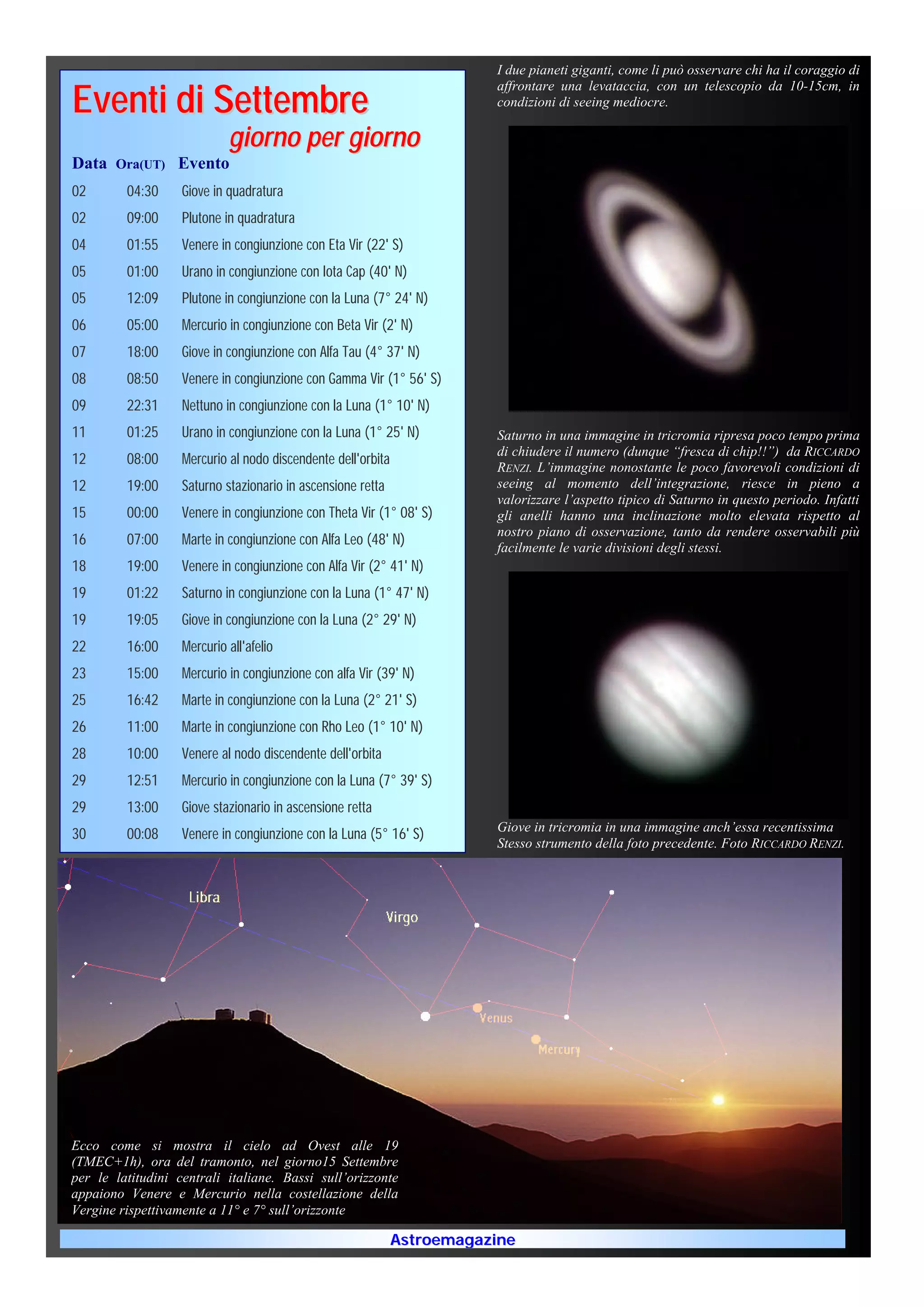 I due pianeti giganti, come li può osservare chi ha il coraggio di

Eventi di Settembre
                                                                         affrontare una levataccia, con un telescopio da 10-15cm, in
                                                                         condizioni di seeing mediocre.

                            giorno per giorno
Data Ora(UT) Evento
02       04:30     Giove in quadratura
02       09:00     Plutone in quadratura
04       01:55     Venere in congiunzione con Eta Vir (22' S)
05       01:00     Urano in congiunzione con Iota Cap (40' N)
05       12:09     Plutone in congiunzione con la Luna (7° 24' N)
06       05:00     Mercurio in congiunzione con Beta Vir (2' N)
07       18:00     Giove in congiunzione con Alfa Tau (4° 37' N)
08       08:50     Venere in congiunzione con Gamma Vir (1° 56' S)
09       22:31     Nettuno in congiunzione con la Luna (1° 10' N)
11       01:25     Urano in congiunzione con la Luna (1° 25' N)          Saturno in una immagine in tricromia ripresa poco tempo prima
                                                                         di chiudere il numero (dunque “fresca di chip!!”) da RICCARDO
12       08:00     Mercurio al nodo discendente dell'orbita
                                                                         RENZI. L’immagine nonostante le poco favorevoli condizioni di
12       19:00     Saturno stazionario in ascensione retta               seeing al momento dell’integrazione, riesce in pieno a
                                                                         valorizzare l’aspetto tipico di Saturno in questo periodo. Infatti
15       00:00     Venere in congiunzione con Theta Vir (1° 08' S)       gli anelli hanno una inclinazione molto elevata rispetto al
                                                                         nostro piano di osservazione, tanto da rendere osservabili più
16       07:00     Marte in congiunzione con Alfa Leo (48' N)            facilmente le varie divisioni degli stessi.
18       19:00     Venere in congiunzione con Alfa Vir (2° 41' N)
19       01:22     Saturno in congiunzione con la Luna (1° 47' N)
19       19:05     Giove in congiunzione con la Luna (2° 29' N)
22       16:00     Mercurio all'afelio
23       15:00     Mercurio in congiunzione con alfa Vir (39' N)
25       16:42     Marte in congiunzione con la Luna (2° 21' S)
26       11:00     Marte in congiunzione con Rho Leo (1° 10' N)
28       10:00     Venere al nodo discendente dell'orbita
29       12:51     Mercurio in congiunzione con la Luna (7° 39' S)
29       13:00     Giove stazionario in ascensione retta
                                                                         Giove in tricromia in una immagine anch’essa recentissima
30       00:08     Venere in congiunzione con la Luna (5° 16' S)
                                                                         Stesso strumento della foto precedente. Foto RICCARDO RENZI.




Ecco come si mostra il cielo ad Ovest alle 19
(TMEC+1h), ora del tramonto, nel giorno15 Settembre
per le latitudini centrali italiane. Bassi sull’orizzonte
appaiono Venere e Mercurio nella costellazione della
Vergine rispettivamente a 11° e 7° sull’orizzonte

                                                              Astroemagazine
 