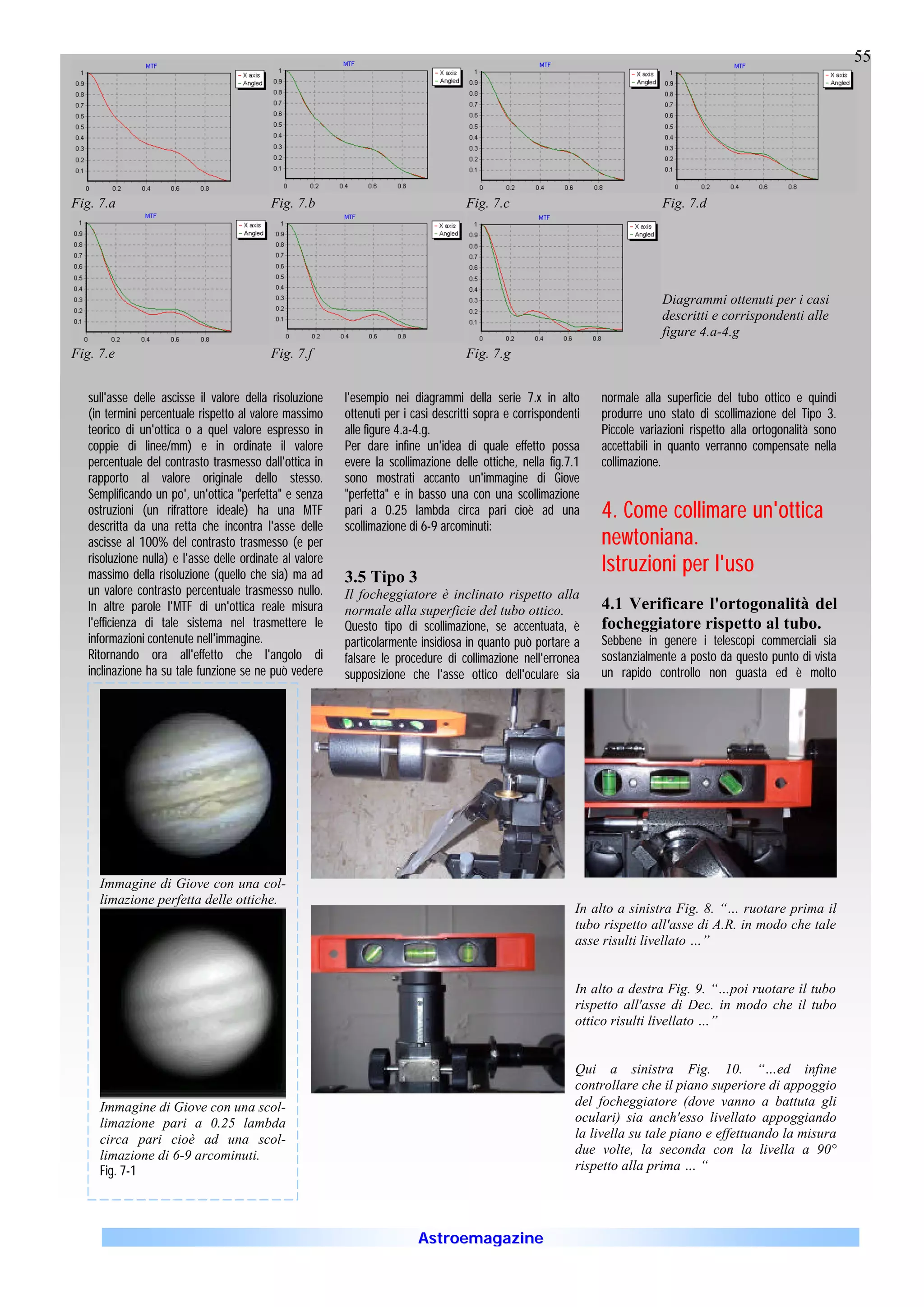 55
                                                                                                                                                               55




Fig. 7.a                                   Fig. 7.b                                 Fig. 7.c                                 Fig. 7.d




                                                                                                                             Diagrammi ottenuti per i casi
                                                                                                                             descritti e corrispondenti alle
                                                                                                                             figure 4.a-4.g
Fig. 7.e                                   Fig. 7.f                                 Fig. 7.g


   sull'asse delle ascisse il valore della risoluzione    l'esempio nei diagrammi della serie 7.x in alto        normale alla superficie del tubo ottico e quindi
   (in termini percentuale rispetto al valore massimo     ottenuti per i casi descritti sopra e corrispondenti   produrre uno stato di scollimazione del Tipo 3.
   teorico di un'ottica o a quel valore espresso in       alle figure 4.a-4.g.                                   Piccole variazioni rispetto alla ortogonalità sono
   coppie di linee/mm) e in ordinate il valore            Per dare infine un'idea di quale effetto possa         accettabili in quanto verranno compensate nella
   percentuale del contrasto trasmesso dall'ottica in     evere la scollimazione delle ottiche, nella fig.7.1    collimazione.
   rapporto al valore originale dello stesso.             sono mostrati accanto un'immagine di Giove
   Semplificando un po', un'ottica "perfetta" e senza     "perfetta" e in basso una con una scollimazione
   ostruzioni (un rifrattore ideale) ha una MTF           pari a 0.25 lambda circa pari cioè ad una              4. Come collimare un'ottica
   descritta da una retta che incontra l'asse delle       scollimazione di 6-9 arcominuti:
   ascisse al 100% del contrasto trasmesso (e per                                                                newtoniana.
   risoluzione nulla) e l'asse delle ordinate al valore
   massimo della risoluzione (quello che sia) ma ad       3.5 Tipo 3
                                                                                                                 Istruzioni per l'uso
   un valore contrasto percentuale trasmesso nullo.       Il focheggiatore è inclinato rispetto alla
   In altre parole l'MTF di un'ottica reale misura        normale alla superficie del tubo ottico.               4.1 Verificare l'ortogonalità del
   l'efficienza di tale sistema nel trasmettere le        Questo tipo di scollimazione, se accentuata, è         focheggiatore rispetto al tubo.
   informazioni contenute nell'immagine.                  particolarmente insidiosa in quanto può portare a      Sebbene in genere i telescopi commerciali sia
   Ritornando ora all'effetto che l'angolo di             falsare le procedure di collimazione nell'erronea      sostanzialmente a posto da questo punto di vista
   inclinazione ha su tale funzione se ne può vedere      supposizione che l'asse ottico dell'oculare sia        un rapido controllo non guasta ed è molto




     Immagine di Giove con una col-
     limazione perfetta delle ottiche.
                                                                                                            In alto a sinistra Fig. 8. “… ruotare prima il
                                                                                                            tubo rispetto all'asse di A.R. in modo che tale
                                                                                                            asse risulti livellato …”


                                                                                                            In alto a destra Fig. 9. “…poi ruotare il tubo
                                                                                                            rispetto all'asse di Dec. in modo che il tubo
                                                                                                            ottico risulti livellato …”


                                                                                                            Qui a sinistra Fig. 10. “…ed infine
                                                                                                            controllare che il piano superiore di appoggio
     Immagine di Giove con una scol-                                                                        del focheggiatore (dove vanno a battuta gli
     limazione pari a 0.25 lambda                                                                           oculari) sia anch'esso livellato appoggiando
     circa pari cioè ad una scol-                                                                           la livella su tale piano e effettuando la misura
     limazione di 6-9 arcominuti.                                                                           due volte, la seconda con la livella a 90°
     Fig. 7-1                                                                                               rispetto alla prima … “




                                                                          Astroemagazine
 