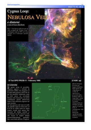 Astroemagazine______________________________________________________________________13
                                                                    OGGETTO DEL MESE

Cygnus Loop:
NEBULOSA VELO
e dintorni
a cura di Luca Zanchetta

Fig.1 - Una ripresa della porzione di
cielo occupata dal "Cygnus Loop".
L’immagine risale al 1995, ed è stata
ottenuta con il telescopio spaziale
Hubble.




                                                                         Questa immagine
DESCRIZIONE
DESCRIZIONE                                                              presenta una
                                                                         mappa dettagliata
I  n queste serate di novembre,
   spesso uggiose e infestate da
persistenti nebbie che aleggiano al
                                                                         degli oggetti che
                                                                         compongono il
                                                                         residuo di
di sopra della pianura, senza che sia
                                                                         supernova in
per noi possibile rendercene conto                                       prossimità della
il cielo estivo sta scivolando                                           brillante stella 52
flemme sotto l'orizzonte e le prime                                      Cygni (fig.1, vicino
costellazioni tipiche dell'inverno                                       al bordo destro).
fanno il loro silenzioso ingresso nel                                    Un ausilio
cielo serotino.                                                          indispensabile per
Al solo pensiero del mare di stelle                                      attribuire ad ogni
che splende sopra le nostre teste, al                                    oggetto il rispettivo
                                                                         nome di
di là di un sottile strato di vapore
                                                                         catalogazione, vista
acqueo, accade però spesso che,                                          la scarsa
incuranti del freddo, astrofili si                                       luminosità
avventurino sui più prossimi colli,                                      superficiale delle
alla ricerca di miglior fortuna                                          nebulose e la loro
(meteorologicamente        parlando).                                    vicinanza.
Qui, osservando dall'alto il bagliore
 