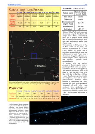 Astroemagazine______________________________________________________________________15

                                                                                                 DETTAGLIO INTERESSANTE
 CARATTERISTICHE FISICHE
                  IC 1340      NGC 6960 NGC 6974 NGC 6979 NGC 6992 NGC 6995                                            filamento nebulosa
                                                                                                  Tipologia oggetto
                                                                                                                        (su fronte d'urto)
    Tipologia     Residuo di    Residuo di   Residuo di   Residuo di   Residuo di   Residuo di
    oggetto       supernova     supernova    supernova    supernova    supernova    supernova      Nome comune              assente
  Magnitudine                      12                                      9            9          Catalogazione            assente
   Dimensioni
                                                                                                 Dimensioni angolari
   angolari (in    25 x 20      210 x 170      6x4          7x3         60 x 8       12 x 12                               150 x 70
  primi d'arco)                                                                                   (in primi d'arco)
    Distanza        1500          1500         1500         1500         1500         1500        Ascensione retta         20h 56m
                                                                                                    Declinazione           +32° 01'
                                                                                                 "Cocoon Nebula" alle molte planetarie
                                                                                                 disseminate lungo la Via Lattea. Da
                                                                                                 sempre croce e delizia, vero campo di
                                                                                                 prova per le proprie abilità, rimane
                                                                                                 però lo splendido complesso del Velo,
                                                                                                 noto agli anglosassoni anche come
                                                                                                 Cygnus Loop.
                                                                                                 Comunemente, in effetti, ci si rivolge
                                                                                                 al Velo come ad Ic 1340, una
                                                                                                 nebulosa dal diametro di 20 x 25 primi
                                                                                                 d'arco, mentre gli oggetti che la
                                                                                                 attorniano vengono indicati come astri
                                                                                                 indipendenti. In realtà l'intera zona è
                                                                                                 disseminata di oggetti diffusi con una
                                                                                                 comune origine: l'antica esplosione di
                                                                                                 una supernova, avvenuta alcuni
                                                                                                 millenni anni fa.
                                                                                                 La struttura nella sua interezza
                                                                                                 presenta un diametro pari a circa tre
                                                                                                 gradi (equivalente a sei lune piene) e
                                                                                                 si compone di ben cinque oggetti del
                                                                                                 New General Catalogue, oltre al già
                                                                                                 citato Ic 1340: Ngc 6974, Ngc 6979,
                                                                                                 Ngc 6960, Ngc 6992 e Ngc 6995 Ngc.
                                                                                                 I primi due, formano porzioni isolate
                                                                                                 del complesso, anche se in riprese
                                                                                                 particolarmente    profonde      appare
 La cartina raffigura la zona celeste che comprende la costellazione del Cigno e le sue          evidente la connessione con l'intera
 strette vicinanze; nel riquadro blu, è contrassegnata la zona del "Cygnus Loop".                struttura; Ngc 6960, la più ampia delle
                                                                                                 formazioni rilevabili nella zona,
                                                                                                 costituisce l'arco occidentale, noto
 POSIZIONE                                                                                       anche come Witch's Broom Nebula. I
                  IC 1340      NGC 6960      NGC 6974 NGC 6979         NGC 6992     NGC 6995     rimanenti due formano, assieme ad Ic
 Costellazione    Cigno        Cigno        Cigno      Cigno        Cigno       Cigno            1340, l'arco orientale del residuo di
  Ascensione                                                                                     supernova.
     retta     20h 56m 14s 20h 45m 38.3s 20h 50m 50s 20h 51m 2s 20h 56m 20.3s 20h 57m 2s
 Declinazione +31° 4' 24" +30° 43' 15" +31° 52' 24" +32° 9' 24" +31° 42' 14" +31° 13' 24"



 Fig.3 -Sfruttando l'elevata risoluzione
 angolare fornita dallo Hubble Space
 Telescope, è stato possibile indagare
 con grande dettaglio la struttura
 dell'onda d'urto, prodottasi a seguito
 dell'incontro fra la materia emessa
 nell'esplosione di supernova ed il
 mezzo interstellare. L'immagine,
 risalente allo scorso Novembre 1997,
 è il risultato di un'esposizione, nella
 frequenza dell'idrogeno neutro (656.3
 nm), di 7400 secondi e comprende un
 campo stellare pari a 150 x 70
 secondi d'arco.
 
