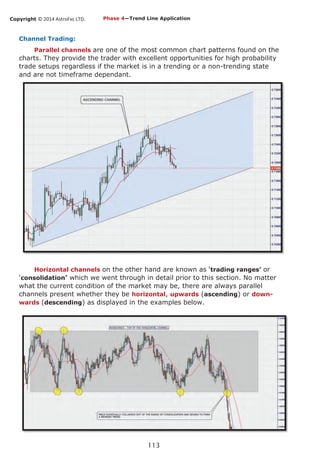 Copyright © 2014 AstroFxc LTD.
113
Channel Trading:
Parallel channels are one of the most common chart patterns found on the
charts. They provide the trader with excellent opportunities for high probability
trade setups regardless if the market is in a trending or a non-trending state
and are not timeframe dependant.
Horizontal channels on the other hand are known as ‘trading ranges’ or
‘consolidation’ which we went through in detail prior to this section. No matter
what the current condition of the market may be, there are always parallel
channels present whether they be horizontal, upwards (ascending) or down-
wards (descending) as displayed in the examples below.
Phase 4—Trend Line Application
 
