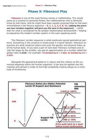 Copyright © 2014 AstroFxc LTD.
115
Fibonacci is one of the most famous names in mathematics. This would
come as a surprise to Leonardo Pisano, the mathematician who is famously
know by that name. And he might have been equally surprised that he has been
immortalised in the famous sequence – 0, 1, 1, 2, 3, 5, 8, 13, (adding the previ-
ous two numbers together will give you the next in the sequence) – rather
than for what is considered his far greater mathematical achievement – helping
to popularise the modern number system in the Latin-speaking world.
The Fibonacci number sequence is what constructs sacred geometrical pat-
terns. Everything in the universe is constructed in a spiral fashion. Fibonacci se-
quences are what construct nature and even the genetic and physical make up
of the human body. If you take a pair of next-door Fibonacci numbers and di-
vide the larger by the smaller, you get an approximation to a number called the
golden ratio (1.618). For example: 13 divided by 8 = 1.625, 21 divided by 13 =
1.615.
Alongside the geometrical patterns in nature and the relation to this nu-
merical sequence within the human organism, it can also be applied into the
markets and utilised in order to find high probability trading setups on a multi-
tude of timeframes.
Phase 5: Fibonacci Play
Phase 5 — Fibonacci Play
 