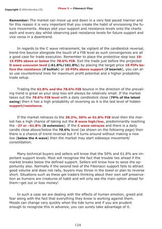 Copyright © 2014 AstroFxc LTD.
124
Remember: The market can move up and down in a very fast paced manner and
for this reason it is very important that you create the habit of envisioning the fu-
ture movements. Always plot your support and resistance levels onto the charts
each and every day whilst observing past resistance levels for future support and
vice versa in a downtrend.
In regards to the C wave retracement, be vigilant of the candlestick reversal,
trend-line bounce alongside the touch of a FIB level as such convergences are all
a good case for trade execution. Remember to place the protective stop loss 10-
15 PIPs above or below the 78.6% FIB. Exit the trade just before the projected
D wave extension level (-61.8%/161.8%) by placing the target price 10 PIPs be-
fore the resistance (if bullish) or 10 PIPs above support (if bearish), you can al-
so use countertrend lines for maximum profit potential and a higher probability
trade setup.
Trading the 61.8% and the 78.6% FIB bounce in the direction of the prevail-
ing trend is great as your stop loss will always be relatively small. If the market
takes out the 78.6% FIB level with a daily candlestick close (79% of the latest
swing) then it has a high probability of reversing as it is the last level of hidden
support/resistance.
If the market retraces to the 38.2%, 50% or 61.8% FIB level then the mar-
ket has a high chance of taking out the B wave high/low, predominantly reaching
the –27 or –61.8% (D extension). If the C wave retraces and there is a daily
candle close above/below the 78.6% level (as shown on the following page) then
there is a chance of trend reversal but if it turns around without making a new
low (below the A wave) then the market may start sideways movement/
consolidation.
Many technical buyers and sellers will know that the 50% and 61.8% are im-
portant support levels. Most will recognise the fact that trouble lies ahead if the
market breaks below the defined support. Sellers will know how to seize the op-
portunity also. Normally if the second test of the Fibonacci support fails to attract
good volume and does not rally, buyers may throw in the towel or plan to reverse
short. Situations such as these get traders thinking about their own self preserva-
tion as humans are creatures of habit and will only see the main option ahead for
them—get out or lose money!
In such a case we are dealing with the effects of human emotion, greed and
fear along with the fact that everything they know is working against them.
Moods can change very quickly when the tide turns and if you are prudent
enough to recognise this in advance, you can surely take advantage of it.
Phase 5 — Fibonacci Play
 