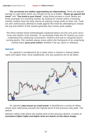 Copyright © 2014 AstroFxc LTD.
16
The currencies are neither appreciating nor depreciating. There are popular
sayings on wall street which you should live by as a trader. ’’Never go against the
trend’’ and ’’The trend is your friend’’. Keep these phrases is mind. Below are
three examples of a trending market. By looking for entries within a trending
market, traders have the best chance at making a large profit on their risk. Trad-
ers who continuously attempt to trade against the trend by attempting to choose
the top and bottom of the market generally lose money quite rapidly.
The three market trend methodologies explained above are the core price struc-
tures and rhythm of all markets. To successfully trade the FX market you must
understand the underlying movements, rhythms and how to recognise future
turning points. The markets always move within the framework of an underlying
market wave (pure price action) whether it be up, down or sideways.
Uptrend:
An uptrend is considered to be in place when a market is making higher
highs and higher lows. Once established, only buy positions are to be taken.
An uptrend (also known as a bull trend) is identified by a series of rallies
where each rally/swing exceeds the highest point of the previous rally peak. The
decline
between rallies ends above the lowest point of the previous decline. A series of
successive higher highs and higher lows are shown on the above image.
Lesson 1— What is Forex?
 