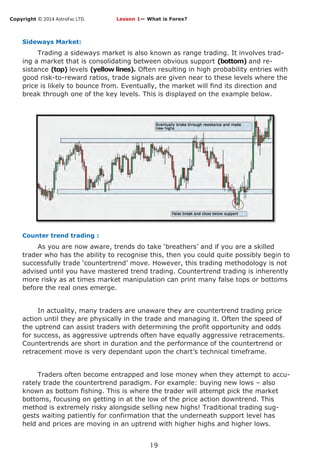 Copyright © 2014 AstroFxc LTD.
19
Sideways Market:
Trading a sideways market is also known as range trading. It involves trad-
ing a market that is consolidating between obvious support (bottom) and re-
sistance (top) levels (yellow lines). Often resulting in high probability entries with
good risk-to-reward ratios, trade signals are given near to these levels where the
price is likely to bounce from. Eventually, the market will find its direction and
break through one of the key levels. This is displayed on the example below.
Counter trend trading :
As you are now aware, trends do take ‘breathers’ and if you are a skilled
trader who has the ability to recognise this, then you could quite possibly begin to
successfully trade ‘countertrend’ move. However, this trading methodology is not
advised until you have mastered trend trading. Countertrend trading is inherently
more risky as at times market manipulation can print many false tops or bottoms
before the real ones emerge.
In actuality, many traders are unaware they are countertrend trading price
action until they are physically in the trade and managing it. Often the speed of
the uptrend can assist traders with determining the profit opportunity and odds
for success, as aggressive uptrends often have equally aggressive retracements.
Countertrends are short in duration and the performance of the countertrend or
retracement move is very dependant upon the chart’s technical timeframe.
Traders often become entrapped and lose money when they attempt to accu-
rately trade the countertrend paradigm. For example: buying new lows – also
known as bottom fishing. This is where the trader will attempt pick the market
bottoms, focusing on getting in at the low of the price action downtrend. This
method is extremely risky alongside selling new highs! Traditional trading sug-
gests waiting patiently for confirmation that the underneath support level has
held and prices are moving in an uptrend with higher highs and higher lows.
Lesson 1— What is Forex?
 