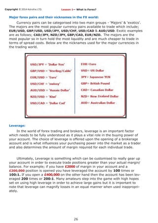 Copyright © 2014 AstroFxc LTD.
26
Major forex pairs and their nicknames in the FX world:
Currency pairs can be categorised into two main groups - ‘Majors’ & ‘exotics’.
The majors are the most popular currency pairs available to trade which include;
EUR/USD, GBP/USD, USD/JPY, USD/CHF, USD/CAD & AUD/USD. Exotic examples
are as follows; CAD/JPY, NZD/JPY, GBP/CAD, EUR/NZD. The majors are the
most popular so in turn hold the most liquidity and are much cheaper to trade in
terms of spread costs. Below are the nicknames used for the major currencies in
the trading world.
Leverage:
In the world of forex trading and brokers, leverage is an important factor
which needs to be fully understood as it plays a vital role in the buying power of
your account. The choice of leverage is offered upon the opening of a brokerage
account and is what influences your purchasing power into the market as a trader
and also determines the amount of margin required for each individual trade.
Ultimately, Leverage is something which can be customised to really gear up
your account in order to execute trade positions greater than your actual margin/
balance. For example; if you have £2000 of margin in your account and a
£200,000 position is opened you have leveraged the account by 100 times or
100:1. If you open a £400,000 on the other hand then the account has been lev-
eraged 200 times or 200:1. Many amateurs step into the game with high hopes
set on using high leverage in order to achieve large gains but it is important to
note that leverage can magnify losses in an equal manner when used inappropri-
ately.
Lesson 1— What is Forex?
 