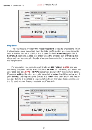 Copyright © 2014 AstroFxc LTD.
31
Stop Loss:
The stop loss is probably the most important aspect to understand when
trading forex, more important than the take profit. A stop loss is designed to
limit a traders loss on a position and is used for both Buy/Long positions &
Sell/Short positions. A stop loss order takes the emotion out of trading deci-
sions and can be especially handy when one is on vacation or cannot watch
his/her position.
For example; you execute a sell trade on GBP/USD at 1.6730 and you
were only prepared to lose a maximum of 40 PIPs on the trade, you would set
your stop loss at 1.6770 (40 PIPs higher) as displayed in the example below.
If you are selling, the stop loss gets placed at a higher level than entry and if
your buying, the stop loss gets placed at a lower level than entry. The meth-
odology behind a stop loss is to automatically cut the trade loss once it goes
too far against your favour, a safety net if you will.
Lesson 1— What is Forex?
 