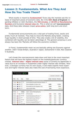 Copyright © 2014 AstroFxc LTD.
42
Lesson 2: Fundamentals. What Are They And
How Do You Trade Them?
What exactly is meant by fundamentals? Every day the markets see the re-
lease of important pieces of economic data. Be it the BOE (Bank of England) re-
garding Inflation or Job’s Numbers, the FED minutes, or US CPI or Manufacturing
Numbers and Eurozone interest rates etc. This is what we call ‘macroeconomic’
data. And these data releases impact price action, both long term and short
term.
Fundamental announcements are a vital part of trading Forex, stocks and
pretty much all markets. They help to move the Markets along faster, creating
huge liquidity in short periods of time. They also create a lot of volatility, this
combined with liquidity can be taken advantage of. The general consensus is and
always has been the ‘Markets will follow the economic numbers’.
In Forex, fundamentals mean we are basically pitting one Economy against
another. USA V Great Britain, Australia V Japan, Switzerland V USA, New Zealand
V Australia.
Let’s break this macroeconomic data down and look to the most important
factors that will have the highest impact on the markets/particular currency
crosses. Interest rates – Higher interest rates cause a Currency to appreciate in
value due to an increase in investment under higher interest rate climates. How-
ever, a stronger currency has it’s own issues, it will make exports more expen-
sive and higher interest rates also make the cost of borrowing more expensive.
Lesson 2— Fundamentals
 