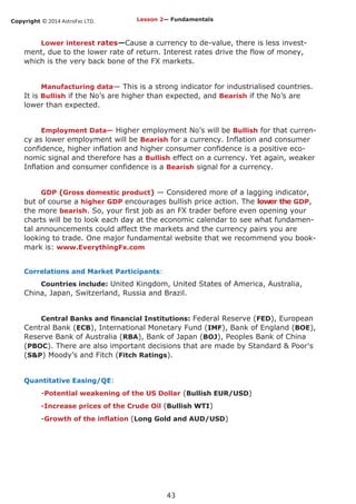 Copyright © 2014 AstroFxc LTD.
43
Lower interest rates—Cause a currency to de-value, there is less invest-
ment, due to the lower rate of return. Interest rates drive the flow of money,
which is the very back bone of the FX markets.
Manufacturing data— This is a strong indicator for industrialised countries.
It is Bullish if the No’s are higher than expected, and Bearish if the No’s are
lower than expected.
Employment Data— Higher employment No’s will be Bullish for that curren-
cy as lower employment will be Bearish for a currency. Inflation and consumer
confidence, higher inflation and higher consumer confidence is a positive eco-
nomic signal and therefore has a Bullish effect on a currency. Yet again, weaker
Inflation and consumer confidence is a Bearish signal for a currency.
GDP (Gross domestic product) — Considered more of a lagging indicator,
but of course a higher GDP encourages bullish price action. The lower the GDP,
the more bearish. So, your first job as an FX trader before even opening your
charts will be to look each day at the economic calendar to see what fundamen-
tal announcements could affect the markets and the currency pairs you are
looking to trade. One major fundamental website that we recommend you book-
mark is: www.EverythingFx.com
Correlations and Market Participants:
Countries include: United Kingdom, United States of America, Australia,
China, Japan, Switzerland, Russia and Brazil.
Central Banks and financial Institutions: Federal Reserve (FED), European
Central Bank (ECB), International Monetary Fund (IMF), Bank of England (BOE),
Reserve Bank of Australia (RBA), Bank of Japan (BOJ), Peoples Bank of China
(PBOC). There are also important decisions that are made by Standard & Poor's
(S&P) Moody’s and Fitch (Fitch Ratings).
Quantitative Easing/QE:
-Potential weakening of the US Dollar (Bullish EUR/USD)
-Increase prices of the Crude Oil (Bullish WTI)
-Growth of the inflation (Long Gold and AUD/USD)
Lesson 2— Fundamentals
 