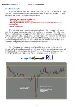 Copyright © 2014 AstroFxc LTD.
45
Non Farm Payroll:
A statistic researched, recorded and reported by the U.S. Bureau of Labor
Statistics intended to represent the total number of paid U.S. workers of any
business, excluding the following employees:
- General government employees
- Private household employees
- Employees of non-profit organizations that provide assistance to
individuals
- Farm employees
This monthly report also includes estimates on the average work week
and the average weekly earnings of all non-farm employees. The total non-
farm payroll accounts for approximately 80% of the workers who produce the
entire gross domestic product of the United States. The nonfarm payroll statis-
tic is reported monthly, on the first Friday of the month, and is used to assist
government policy makers and economists determine the current state of the
economy and predict future levels of economic activity.
Non-Farm payrolls create a lot of volatility and havoc in the market.
Straight after the data release there will be a sudden spikes in price across all
USD pairs. It is advised you stay clear from non-farm payroll day and start
trading the following week once there is stronger sense of direction.
Lesson 2— Fundamentals
 
