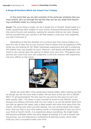 Copyright © 2014 AstroFxc LTD.
48
A Range Of Emotions Which Can Impact Your Trading:
In the event that you are still uncertain of the particular emotions that you
must control, let’s run through the top few that can set you aside from becom-
ing a profitable trader to a losing trader.
Doubt: The worst thing a trader can do is doubt him or herself. Doubt leads to a
trader questioning other traders or even worse, throwing themselves headfirst
into online forums and websites, seeking for answers that do not exist. Always
remind yourself that your opinion is all that matters; trust your own judgment,
live with it and love it!
Attempting to find the direction of a currency pair from online traders is a
sure fire way to take hits to your account! Some traders may be targeting 5 PIPs
whilst you are looking for 50. Other individuals experience and skill in analysing
the market may vary greatly to yours. However, self-doubt and desperation will
result in you relying upon the opinion of others over your own. Throughout your
journey you must trust your own judgment, it will only improve with experience
and your efforts on the charts.
Doubt can arise after a few consecutive losing trades; often making you feel
as though you do not have what it takes. We are here to tell you this is INCOR-
RECT it’s all psychological “He who says he can and he who says he can’t are
both usually right”. You taken it upon yourself to enroll on the AstroFx course
because you believe and know that you can make it, so cut the doubt! Each time
you feel up against the ropes, take a deep breath and some time away from the
charts, returning only when you feel relaxed. You can control doubt with experi-
ence. How you feel in your first trading month is incomparable to how you will in
your third or fourth month, it is experience above everything. No single trader
will become profitable within the early stages of trading! It is not a smooth sail-
ing journey; you will experience a turbulence of learning curves, which shall
mold you into a successful trader over time.
Lesson 3—Psychology of trading
 