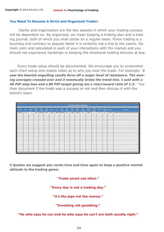 Copyright © 2014 AstroFxc LTD.
54
You Need To Become A Strict and Organized Trader:
Clarity and organisation are the two aspects in which your trading success
will be dependent on. By organised, we mean keeping a trading plan and a trad-
ing journal, both of which you shall utilise on a regular basis. Forex trading is a
business and contrary to popular belief it is certainly not a trip to the casino. Re-
main calm and calculated in each of your interactions with the market and you
should not experience hardships in keeping the emotional trading demons at bay.
Every trade setup should be documented. We encourage you to screenshot
each chart setup and makes notes as to why you took the trade. For example: ‘I
saw the bearish engulfing candle form off a major level of resistance. The mov-
ing averages crossed over and it eventually broke the trend-line. I sold with a
40 PIP stop loss and a 80 PIP target giving me a risk/reward ratio of 1:2.’ You
then document if the trade was a success or not and then discuss it with the
AstroFx team.
5 Quotes we suggest you recite time and time again to keep a positive mental
attitude in the trading game:
“Trade smart not often.”
“Every day is not a trading day.”
“it’s the pips not the money.”
“Investing not gambling.”
“He who says he can and he who says he can’t are both usually right.”
Lesson 3—Psychology of trading
 