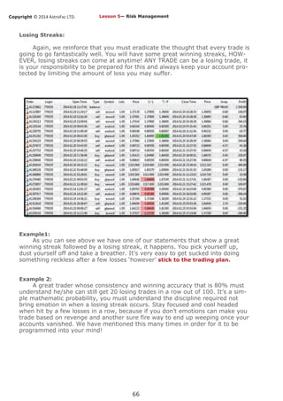 Copyright © 2014 AstroFxc LTD.
66
Losing Streaks:
Again, we reinforce that you must eradicate the thought that every trade is
going to go fantastically well. You will have some great winning streaks, HOW-
EVER, losing streaks can come at anytime! ANY TRADE can be a losing trade, it
is your responsibility to be prepared for this and always keep your account pro-
tected by limiting the amount of loss you may suffer.
Example1:
As you can see above we have one of our statements that show a great
winning streak followed by a losing streak, it happens. You pick yourself up,
dust yourself off and take a breather. It’s very easy to get sucked into doing
something reckless after a few losses ‘however’ stick to the trading plan.
Example 2:
A great trader whose consistency and winning accuracy that is 80% must
understand he/she can still get 20 losing trades in a row out of 100. It’s a sim-
ple mathematic probability, you must understand the discipline required not
bring emotion in when a losing streak occurs. Stay focused and cool headed
when hit by a few losses in a row, because if you don’t emotions can make you
trade based on revenge and another sure fire way to end up weeping once your
accounts vanished. We have mentioned this many times in order for it to be
programmed into your mind!
Lesson 5— Risk Management
 