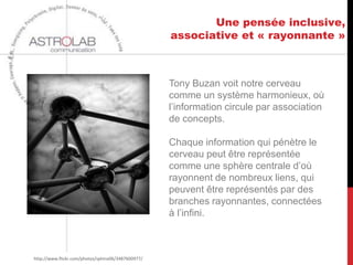 Une pensée inclusive,
                                                    associative et « rayonnante »



                                                    Tony Buzan voit notre cerveau
                                                    comme un système harmonieux, où
                                                    l’information circule par association
                                                    de concepts.

                                                    Chaque information qui pénètre le
                                                    cerveau peut être représentée
                                                    comme une sphère centrale d’où
                                                    rayonnent de nombreux liens, qui
                                                    peuvent être représentés par des
                                                    branches rayonnantes, connectées
                                                    à l’infini.



http://www.flickr.com/photos/sphinx06/3487600977/
 