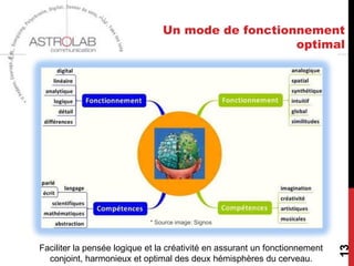 Un mode de fonctionnement
                                                   optimal




                          * Source image: Signos




                                                                             13
Faciliter la pensée logique et la créativité en assurant un fonctionnement
  conjoint, harmonieux et optimal des deux hémisphères du cerveau.
 