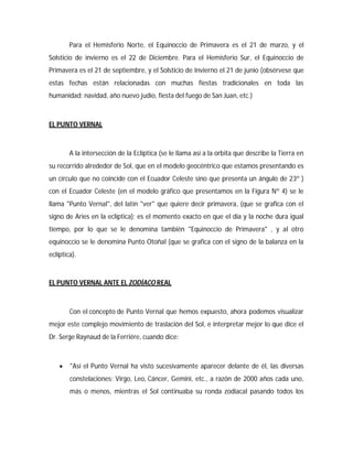 Para el Hemisferio Norte, el Equinoccio de Primavera es el 21 de marzo, y el
Solsticio de invierno es el 22 de Diciembre. Para el Hemisferio Sur, el Equinoccio de
Primavera es el 21 de septiembre, y el Solsticio de Invierno el 21 de junio (obsérvese que
estas fechas están relacionadas con muchas fiestas tradicionales en toda las
humanidad: navidad, año nuevo judío, fiesta del fuego de San Juan, etc.)
EL PUNTO VERNAL
A la intersección de la Eclíptica (se le llama así a la orbita que describe la Tierra en
su recorrido alrededor de Sol, que en el modelo geocéntrico que estamos presentando es
un círculo que no coincide con el Ecuador Celeste sino que presenta un ángulo de 23º )
con el Ecuador Celeste (en el modelo gráfico que presentamos en la Figura Nº 4) se le
llama "Punto Vernal", del latín "ver" que quiere decir primavera, (que se grafica con el
signo de Aries en la eclíptica); es el momento exacto en que el día y la noche dura igual
tiempo, por lo que se le denomina también "Equinoccio de Primavera" , y al otro
equinoccio se le denomina Punto Otoñal (que se grafica con el signo de la balanza en la
eclíptica).
EL PUNTO VERNAL ANTE EL ZODÍACO REAL
Con el concepto de Punto Vernal que hemos expuesto, ahora podemos visualizar
mejor este complejo movimiento de traslación del Sol, e interpretar mejor lo que dice el
Dr. Serge Raynaud de la Ferriére, cuando dice:
 "Así el Punto Vernal ha visto sucesivamente aparecer delante de él, las diversas
constelaciones: Virgo, Leo, Cáncer, Gemini, etc., a razón de 2000 años cada uno,
más o menos, mientras el Sol continuaba su ronda zodiacal pasando todos los
 