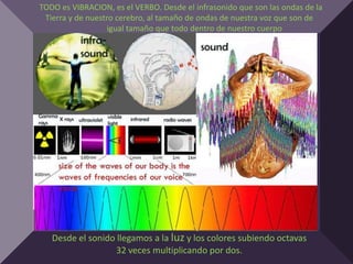 TODO es VIBRACION, es el VERBO. Desde el infrasonido que son las ondas de la
 Tierra y de nuestro cerebro, al tamaño de ondas de nuestra voz que son de
                  igual tamaño que todo dentro de nuestro cuerpo




   Desde el sonido llegamos a la luz y los colores subiendo octavas
                   32 veces multiplicando por dos.
 