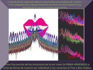 El tamaño de las ondas que caben en nuestra boca son armónicos de 4 a 8 khz.
    Y son moldeados por la caja de resonancia de la boca y la nariz dando el tono
                  especifico de la voz que reconoce quien somos.




 Estas frecuencias de los armónicos de la voz crean la FIRMA ARMONICA la
onda de forma de nuestro ser individual y nos conectan al 7mo y 8vo Chakra.
 
