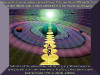 Para evolucionar necesitamos tomar CONcienCIA, cambiar de CONcienCIA. Saber
   porque estamos aquí, y esto la Astrología es la que mas nos puede ayudar




     Cada día es similar pero distinto, cada año es igual y diferente, nunca se
   repite ya que el sistema solar se mueve por la galaxia, y ahora estamos en un
                    lugar que nunca hemos estado de la galaxia.
 