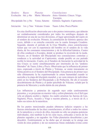 Sendero   Rayos          Planetas        Constelaciones
Evolución 6to. y 4to     Marte. Mercurio Aries. Géminis. Cáncer. Virgo.
                                         Escorpio.
Discipulado 3ro. y 5to   Venus. Saturno Géminis. Sagitario. Capricornio.

Iniciación   1ro. y 7mo Vulcano. Urano       Tauro. Libra. Piscis.Plutón

      En esta clasificación observarán uno o dos puntos interesantes, que deberán
      ser cuidadosamente considerados por todos los astrólogos después de
      determinar en una de sus tres divisiones, el lugar aproximado del sujeto en
      el sendero de evolución. Primero, la constelación de Géminis aparece dos
      veces, debido a su estrecha conexión con la cuarta Jerarquía Creadora.
      Segundo, durante el período de la Cruz Mutable, cinco constelaciones
      tienen que ver con la experiencia del hombre en el sendero de la vida
      diaria, de los constantes renacimientos y de la dificultad kármica. Cuatro
      de ellas conducen a Escorpio, donde se produce la reversión de la rueda.
      Tercero, en el Sendero del Discipulado tres constelaciones controlan y
      conducen a la actividad en Capricornio, siendo posible en ese período
      recibir la iniciación. Cuarto, en el Sendero de Iniciación la actividad de la
      tres Cruces se siente simultáneamente por intermedio de los “poderes
      liberados” de Tauro, Libra y Piscis. Observarán que la influencia de primer
      rayo, expresada a través de Plutón y Vulcano, se siente únicamente en
      forma positiva en el Sendero del Discipulado. Esta potencia de primer rayo
      sólo últimamente la ha experimentado la entera humanidad cuando se
      acercaba a la etapa del discípulo mundial, y un vasto número de individuos
      entró en los Senderos del Discipulado y de Probación. De ahí el reciente
      descubrimiento de Plutón y el poder percibido de Vulcano, velado por la
      potencia de Mercurio y oculto detrás de este planeta.

      Las influencias y potencias de segundo rayo están continuamente
      presentes, y se proyectan en nuestra vida y esfera planetaria vía el Sol (que
      vela un planeta oculto) y Júpiter, los cuales arrastran las fuerzas de Leo,
      Sagitario, Piscis, Acuario y Virgo a nuestro planeta, y, a través de él, a
      todos sus reinos de la naturaleza.

      De los puntos mencionados pueden obtenerse indicios respecto a las
      fuerzas entrelazadas de las doce constelaciones, al afluir a todos los reinos
      de la naturaleza y a través de ellos, trayendo no sólo sus propias potencias
      individuales, sino también la de los siete rayos, enfocadas a través de los
      planetas sagrados y no sagrados -las Vidas planetarias descubiertas y por
      descubrir. Esotéricamente se ha dicho que al iniciado se le otorga una
      visión de estos poderes y de sus numerosas líneas onduladas (vistas como

                                       115
 