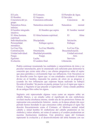 El León.                El Centauro.                    EI Portador de Agua.
El Hombre.              El Arquero.                     El Servidor.
Conciencia del yo.      Conciencia enfocada.                  Conciencia     de
grupo.
Naturaleza física.      Naturaleza emocional.           Naturaleza           mental
inferior.
El hombre integrado.           El Hombre que aspira.           El hombre mental
intuitivo.
El Alma humana.         El Alma humana espiritual.             El             Alma
espiritual.
Individualización.      Discipulado.                           Iniciación.
Personalidad.                 Enfoque egoico.                  Enfoque
monádico.
La Cruz Fija.                 La Cruz Mutable.                La Cruz Fija.
Centralización.         Orientación.                    Descentralización.
Unidad individual.      Dualidad presentida.                  Unidad universal.
Fuego.                        Fuego.                                Aire.
Egoísmo.                Lucha.                                Servicio.
Evolución.              El sendero final.               Liberación.

      Podría continuar resumiendo las cualidades y características de éstos y su
      peculiar interrelación, pero lo enumerado será suficiente para demostrar la
      conexión que existe entre ellos y sus efectos progresivos sobre el sujeto
      que pasa periódica y cíclicamente bajo sus influencias. Con frecuencia se
      los describe como los signos que -si son estudiados- revelarán el intento
      divino en el hombre, marcarán los puntos de crisis en su progreso y
      (cuando las tres influencias que expresan hayan realizado su trabajo)
      llevarán al hombre “de puerta en puerta, porque Leo es el signo que sigue a
      Cáncer, y Sagitario el que precede a Capricornio”. Estoy citando palabras
      de un antiguo libro sobre los signos.

      Sagitario está representado algunas veces como un arquero sobre un
      caballo blanco, y un estudio sobre el significado de este simbolismo
      revelará mucha enseñanza interna, siendo una de las posteriores formas de
      representar esta constelación Anterior.. mente, en Ja época atlante (de cuyo
      período hemos heredado lo que conocemos sobre astrología) el signo fue
      descrito frecuentemente como el Centauro -el fabuloso animal mitad
      caballo y mitad hombre El simbolismo del caballo predominó en los
      símbolos y mitos atlantes, así como el carnero y el cordero predominan en
      nuestras ilustraciones modernas. Este primitivo signo del Centauro
      representó la evolución y el desenvolvimiento del alma humana con sus

                                       121
 