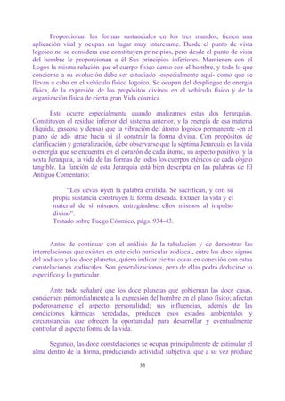 Proporcionan las formas sustanciales en los tres mundos, tienen una
aplicación vital y ocupan un lugar muy interesante. Desde el punto de vista
logoico no se considera que constituyen principios, pero desde el punto de vista
del hombre le proporcionan a él Sus principios inferiores. Mantienen con el
Logos la misma relación que el cuerpo físico denso con el hombre, y todo lo que
concierne a su evolución debe ser estudiado -especialmente aquí- como que se
llevan a cabo en el vehículo físico logoico. Se ocupan del despliegue de energía
física, de la expresión de los propósitos divinos en el vehículo físico y de la
organización física de cierta gran Vida cósmica.

       Esto ocurre especialmente cuando analizamos estas dos Jerarquías.
Constituyen el residuo inferior del sistema anterior, y la energía de esa materia
(líquida, gaseosa y densa) que la vibración del átomo logoico permanente -en el
plano de adi- atrae hacia sí al construir la forma divina. Con propósitos de
clarificación y generalización, debe observarse que la séptima Jerarquía es la vida
o energía que se encuentra en el corazón de cada átomo, su aspecto positivo, y la
sexta Jerarquía, la vida de las formas de todos los cuerpos etéricos de cada objeto
tangible. La función de esta Jerarquía está bien descripta en las palabras de El
Antiguo Comentario:

            “Los devas oyen la palabra emitida. Se sacrifican, y con su
       propia sustancia construyen la forma deseada. Extraen la vida y el
       material de sí mismos, entregándose ellos mismos al impulso
       divino”.
       Tratado sobre Fuego Cósmico, págs. 934-43.


       Antes de continuar con el análisis de la tabulación y de demostrar las
interrelaciones que existen en este ciclo particular zodiacal, entre los doce signos
del zodíaco y los doce planetas, quiero indicar ciertas cosas en conexión con estas
constelaciones zodiacales. Son generalizaciones, pero de ellas podrá deducirse lo
específico y lo particular.

      Ante todo señalaré que los doce planetas que gobiernan las doce casas,
conciernen primordialmente a la expresión del hombre en el plano físico; afectan
poderosamente el aspecto personalidad; sus influencias, además de las
condiciones kármicas heredadas, producen esos estados ambientales y
circunstancias que ofrecen la oportunidad para desarrollar y eventualmente
controlar el aspecto forma de la vida.

      Segundo, las doce constelaciones se ocupan principalmente de estimular el
alma dentro de la forma, produciendo actividad subjetiva, que a su vez produce

                                        33
 