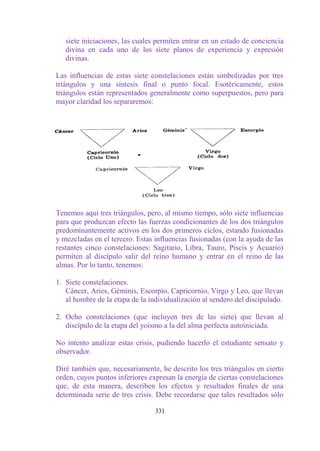 siete iniciaciones, las cuales permiten entrar en un estado de conciencia
   divina en cada uno de los siete planos de experiencia y expresión
   divinas.

Las influencias de estas siete constelaciones están simbolizadas por tres
triángulos y una síntesis final o punto focal. Esotéricamente, estos
triángulos están representados generalmente como superpuestos, pero para
mayor claridad los separaremos:




Tenemos aquí tres triángulos, pero, al mismo tiempo, sólo siete influencias
para que produzcan efecto las fuerzas condicionantes de los dos triángulos
predominantemente activos en los dos primeros ciclos, estando fusionadas
y mezcladas en el tercero. Estas influencias fusionadas (con la ayuda de las
restantes cinco constelaciones: Sagitario, Libra, Tauro, Piscis y Acuario)
permiten al discípulo salir del reino humano y entrar en el reino de las
almas. Por lo tanto, tenemos:

1. Siete constelaciones.
   Cáncer, Aries, Géminis, Escorpio, Capricornio, Virgo y Leo, que llevan
   al hombre de la etapa de la individualización al sendero del discipulado.

2. Ocho constelaciones (que incluyen tres de las siete) que llevan al
   discípulo de la etapa del yoísmo a la del alma perfecta autoiniciada.

No intento analizar estas crisis, pudiendo hacerlo el estudiante sensato y
observador.

Diré también que, necesariamente, he descrito los tres triángulos en cierto
orden, cuyos puntos inferiores expresan la energía de ciertas constelaciones
que, de esta manera, describen los efectos y resultados finales de una
determinada serie de tres crisis. Debe recordarse que tales resultados sólo

                                 331
 