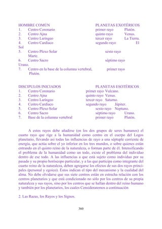 HOMBRE COMÚN                                       PLANETAS EXOTÉRICOS
1.   Centro Coronario                              primer rayo  Plutón.
2.   Centro Ajna                                   quinto rayo  Venus.
3.   Centro Laríngeo                               tercer rayo  La Tierra.
4.   Centro Cardíaco                               segundo rayo         El
Sol
5.   Centro Plexo Solar                                  sexto rayo
     Marte.
6.   Centro Sacro                                        séptimo rayo
Urano.
7.   Centro en la base de la columna vertebral,           primer rayo
       Plutón.


DISCIPULOS INICIADOS                                 PLANETAS ESOTÉRICOS
1.   Centro Coronario                         primer rayo Vulcano.
2.   Centro Ajna                              quinto rayo Venus.
3.   Centro Laríngeo                          tercer rayo Saturno.
4.   Centro Cardíaco                          segundo rayo       Júpiter.
5.   Centro Plexo Solar                              sexto rayo Neptuno.
6.   Centro Sacro                                    séptimo rayo      Urano.
7.   Base de la columna vertebral                    primer rayo       Plutón.


       A estos rayos debe añadirse (en los dos grupos de seres humanos) el
cuarto rayo que rige a la humanidad como centro en el cuerpo del Logos
planetario, llevando así todas las influencias de rayo a una séptuple corriente de
energía, que actúa sobre el yo inferior en los tres mundos, o sobre quienes están
entrando en el quinto reino de la naturaleza, o forman parte de él. Intensificando
el problema de la humanidad como un todo, existe el problema del individuo
dentro de ese todo. A las influencias a que está sujeto como individuo por su
pasado y su propio horóscopo particular, y a las que participa como integrante del
cuarto reino de la naturaleza, deben agregarse los efectos de sus dos rayos princi-
pales (personal y egoico). Éstos indican el tipo del mecanismo y la cualidad del
alma. No debe olvidarse que sus siete centros están en estrecha relación con los
centros planetarios y que está condicionado no sólo por los centros de su propia
naturaleza y sus rayos, sino por los centros que se hallan dentro del reino humano
y también por los planetarios, los cuales Consideraremos a continuación

2. Las Razas, los Rayos y los Signos.


                                        360
 