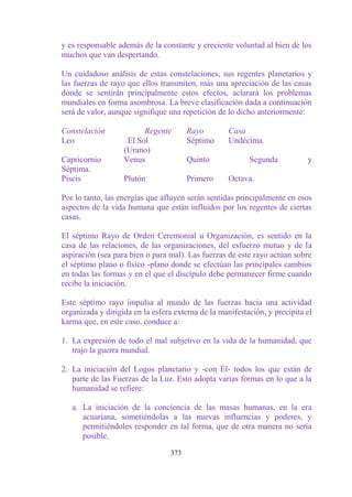 y es responsable además de la constante y creciente voluntad al bien de los
muchos que van despertando.

Un cuidadoso análisis de estas constelaciones, sus regentes planetarios y
las fuerzas de rayo que ellos transmiten, más una apreciación de las casas
donde se sentirán principalmente estos efectos, aclarará los problemas
mundiales en forma asombrosa. La breve clasificación dada a continuación
será de valor, aunque signifique una repetición de lo dicho anteriormente:

Constelación             Regente        Rayo        Casa
Leo                 El Sol              Séptimo     Undécima.
                   (Urano)
Capricornio        Venus                Quinto            Segunda           y
Séptima.
Piscis             Plutón               Primero     Octava.

Por lo tanto, las energías que afluyen serán sentidas principalmente en esos
aspectos de la vida humana que están influidos por los regentes de ciertas
casas.

El séptimo Rayo de Orden Ceremonial u Organización, es sentido en la
casa de las relaciones, de las organizaciones, del esfuerzo mutuo y de la
aspiración (sea para bien o para mal). Las fuerzas de este rayo actúan sobre
el séptimo plano o físico -plano donde se efectúan las principales cambios
en todas las formas y en el que el discípulo debe permanecer firme cuando
recibe la iniciación.

Este séptimo rayo impulsa al mundo de las fuerzas hacia una actividad
organizada y dirigida en la esfera externa de la manifestación, y precipita el
karma que, en este caso, conduce a:

1. La expresión de todo el mal subjetivo en la vida de la humanidad, que
   trajo la guerra mundial.

2. La iniciación del Logos planetario y -con Él- todos los que están de
   parte de las Fuerzas de la Luz. Esto adopta varias formas en lo que a la
   humanidad se refiere:

   a. La iniciación de la conciencia de las masas humanas, en la era
      acuariana, sometiéndolas a las nuevas influencias y poderes, y
      permitiéndoles responder en tal forma, que de otra manera no sería
      posible.

                                  373
 