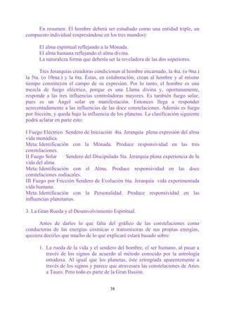 En resumen: El hombre deberá ser estudiado como una entidad triple, un
compuesto individual (expresándose en los tres mundos):

      El alma espiritual reflejando a la Mónada.
      El alma humana reflejando el alma divina.
      La naturaleza forma que debería ser la reveladora de las dos superiores.

       Tres Jerarquías creadoras condicionan al hombre encarnado, la 4ta. (o 9na.)
la 5ta. (o 10ma.) y la 6ta. Éstas, en colaboración, crean al hombre y al mismo
tiempo constituyen el campo de su expresión. Por lo tanto, el hombre es una
mezcla de fuego eléctrico, porque es una Llama divina y, oportunamente,
responde a las tres influencias controladoras mayores. Es también fuego solar,
pues es un Ángel solar en manifestación. Entonces llega a responder
acrecentadamente a las influencias de las doce constelaciones. Además es fuego
por fricción, y queda bajo la influencia de los planetas. La clasificación siguiente
podrá aclarar en parte esto:

I Fuego Eléctrico Sendero de Iniciación 4ta. Jerarquía plena expresión del alma
vida monádica.
Meta: Identificación con la Mónada. Produce responsividad en las tres
constelaciones.
II Fuego Solar     Sendero del Discipulado 5ta. Jerarquía plena experiencia de la
vida del alma.
Meta: Identificación con el Alma. Produce responsividad en las doce
constelaciones zodiacales.
III Fuego por Fricción Sendero de Evolución 6ta. Jerarquía vida experimentada
vida humana.
Meta: Identificación con la Personalidad. Produce responsividad en las
influencias planetarias.

3. La Gran Rueda y el Desenvolvimiento Espiritual.

       Antes de darles lo que falta del gráfico de las constelaciones como
conductoras de las energías cósmicas o transmisoras de sus propias energías,
quisiera decirles que mucho de lo que explicaré estará basado sobre:

      1. La rueda de la vida y el sendero del hombre, el ser humano, al pasar a
         través de los signos de acuerdo al método conocido por la astrología
         ortodoxa. Al igual que los planetas, éste retrograda aparentemente a
         través de los signos y parece que atravesara las constelaciones de Aries
         a Tauro. Pero todo es parte de la Gran Ilusión.


                                        38
 