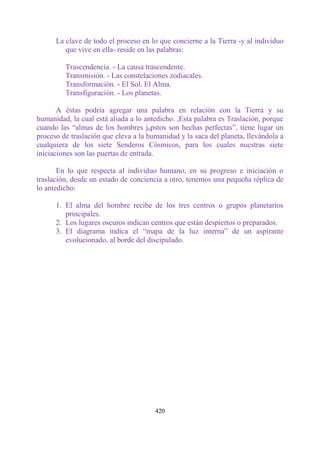 La clave de todo el proceso en lo que concierne a la Tierra -y al individuo
         que vive en ella- reside en las palabras:

         Trascendencia. - La causa trascendente.
         Transmisión. - Las constelaciones zodiacales.
         Transformación. - El Sol. El Alma.
         Transfiguración. - Los planetas.

       A éstas podría agregar una palabra en relación con la Tierra y su
humanidad, la cual está aliada a lo antedicho. ,Esta palabra es Traslación, porque
cuando las “almas de los hombres j0pstos son hechas perfectas”, tiene lugar un
proceso de traslación que eleva a la humanidad y la saca del planeta, llevándola a
cualquiera de los siete Senderos Cósmicos, para los cuales nuestras siete
iniciaciones son las puertas de entrada.

       En lo que respecta al individuo humano, en su progreso e iniciación o
traslación, desde un estado de conciencia a otro, tenemos una pequeña réplica de
lo antedicho:

      1. El alma del hombre recibe de los tres centros o grupos planetarios
         principales.
      2. Los lugares oscuros indican centros que están despiertos o preparados.
      3. El diagrama indica el “mapa de la luz interna” de un aspirante
         evolucionado, al borde del discipulado.




                                       420
 